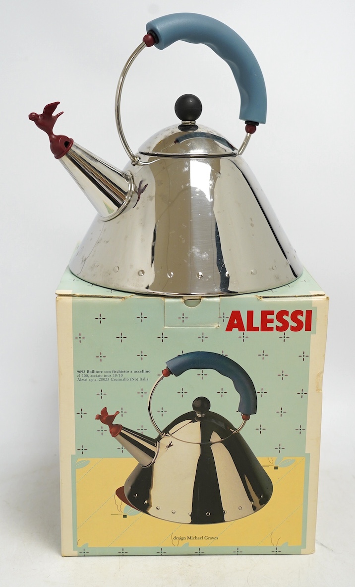 A boxed Alessi Blue Bird kettle, 24cm high. Condition - fair to good